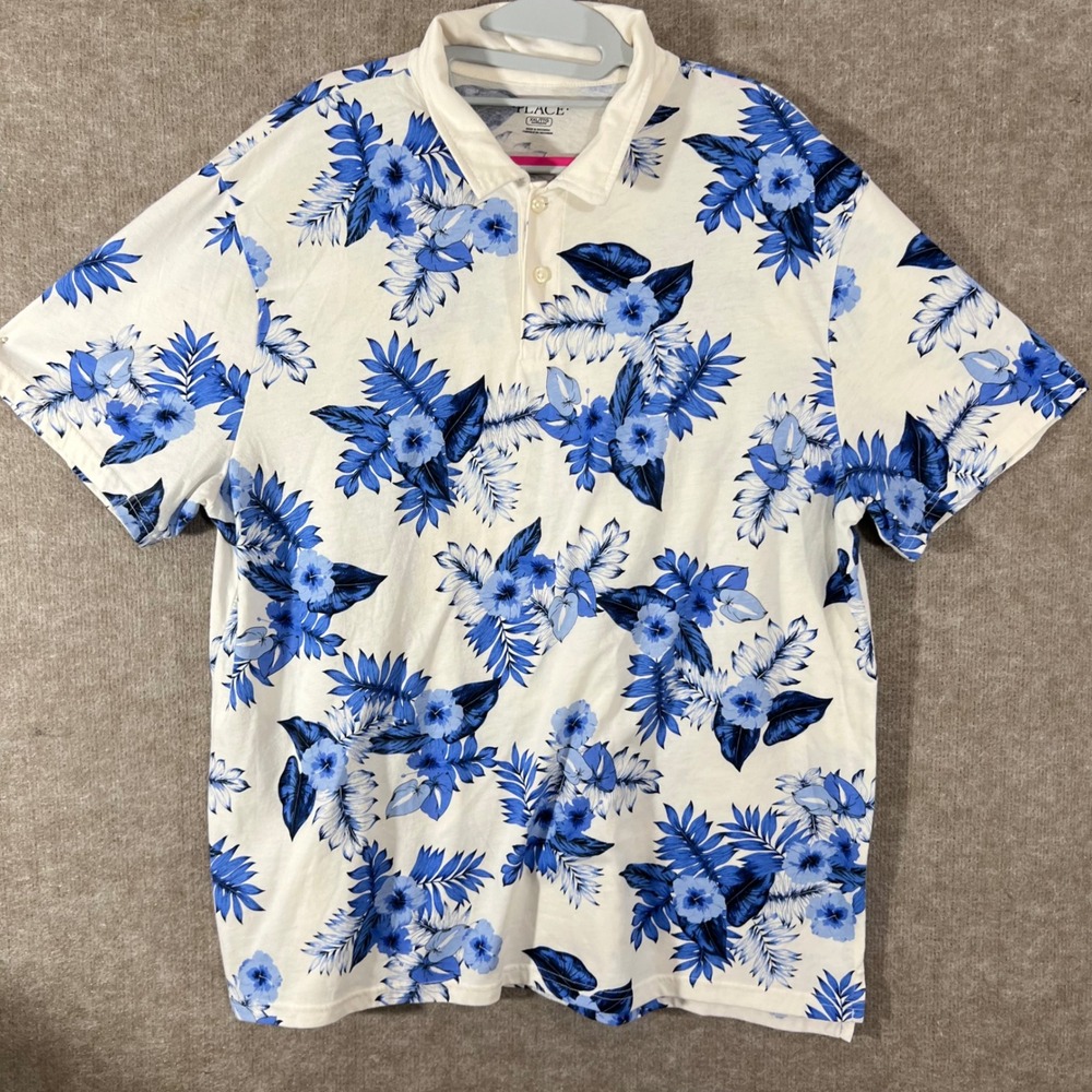 Place Floral Polo Shirt Mens XXL Blue White Tropical Hibiscus Boho